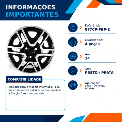 Kit 4 Calotas Aro 14 Preto e Prata Renault Kwid 2018 2019 2020 Grid - Referência: 877CP-Pbp-E