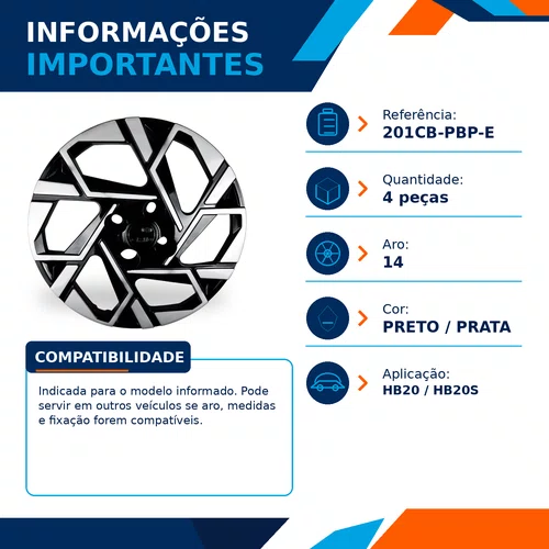 Kit 4 calotas aro 14p preto/prata mod argo 2017/20
