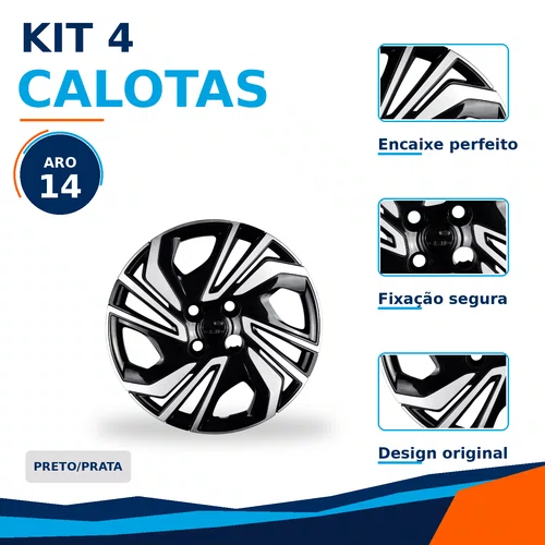 Kit 4 calotas aro 14p preto/prata mod onix 2013/19