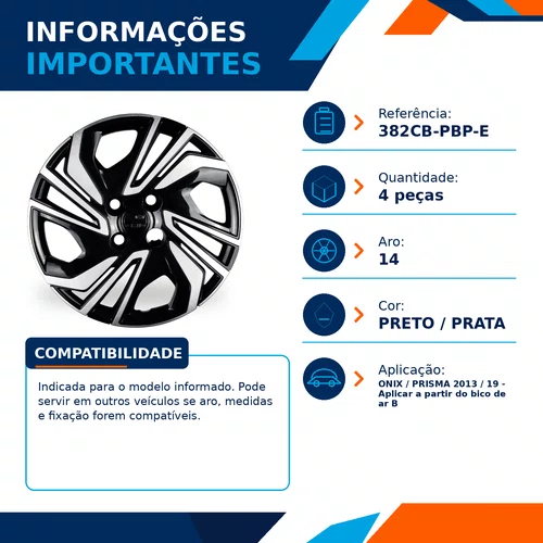 Kit 4 calotas aro 14p preto/prata mod onix 2013/19