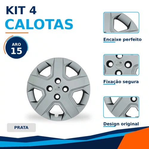 Kit 4 Calotas Aro 15 Prata Chevrolet Cobalt e Spin 2013 2014 2015 2016 2017 2018 2019 2020 Grid - Referência: 372CP-Pta-E