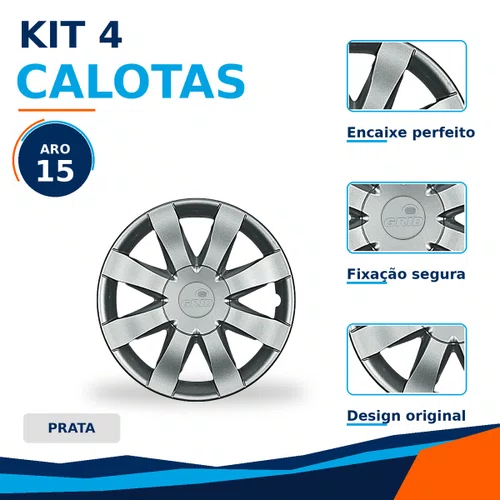 Kit 4 Calotas Aro 15 Prata Renault Sandero e Logan 2015 2016 Grid - Referência: 875AR-Pta-E