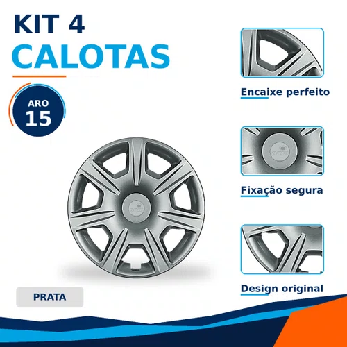 Kit 4 Calotas Aro 15 Prata Renault Sandero e Logan 2015 2016 2017 2018 Grid - Referência: 876AR-Pta-E