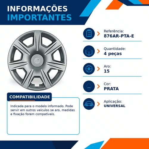 Kit 4 Calotas Aro 15 Prata Renault Sandero e Logan 2015 2016 2017 2018 Grid - Referência: 876AR-Pta-E
