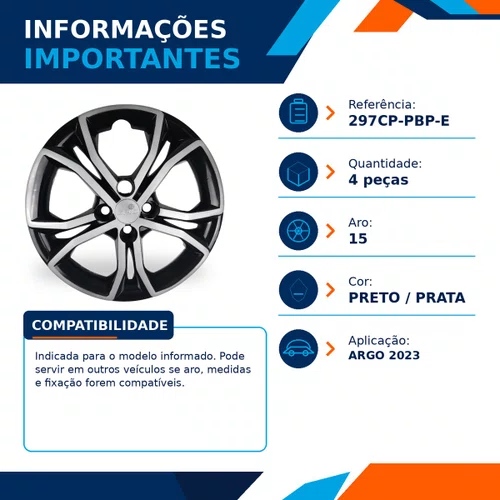 Kit 4 Calotas Aro 15 Preto e Prata Fiat Argo 2023 Grid - Referência: 297CP-Pbp-E