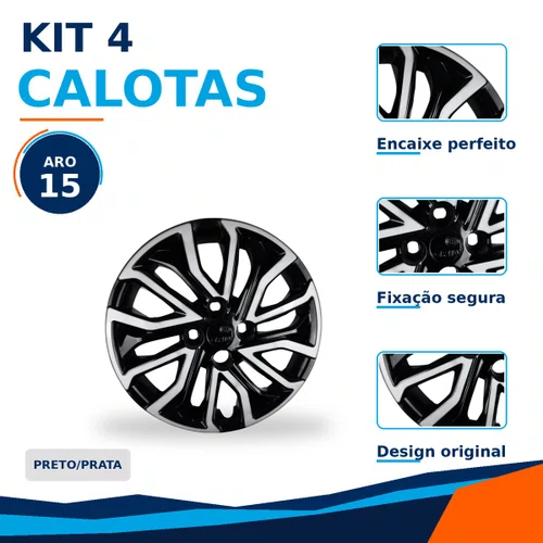 Kit 4 Calotas Aro 15 Preto e Prata Fiat Argo e Cronos 2022 Grid - Referência: 296CP-Pbp-E