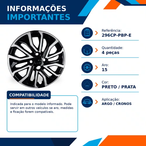 Kit 4 Calotas Aro 15 Preto e Prata Fiat Argo e Cronos 2022 Grid - Referência: 296CP-Pbp-E