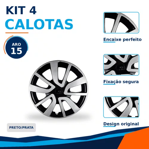Kit 4 Calotas Aro 15 Preto e Prata Renault Sandero e Logan 2014 2015 2016 2017 2018 2019 2020 Grid - Referência: 869AR-Pbp-E