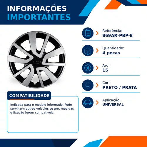 Kit 4 Calotas Aro 15 Preto e Prata Renault Sandero e Logan 2014 2015 2016 2017 2018 2019 2020 Grid - Referência: 869AR-Pbp-E