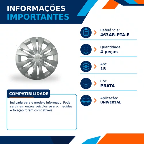 Kit 4 calotas aro 15a prata mod yaris 2023