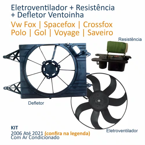 Kit Eletroventilador + Defletor Ventoinha Vw Fox Spacefox Polo 2006 Até 2012 Gol Voyage Saveiro 2009 Até 2021 Com Resistência