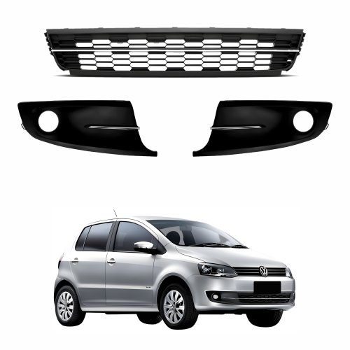 Kit Grade Parachoque Dianteiro Vw Fox 2011 Até 2014 Central Com Friso Cromado E Milha Com Furo Friso Cromado
