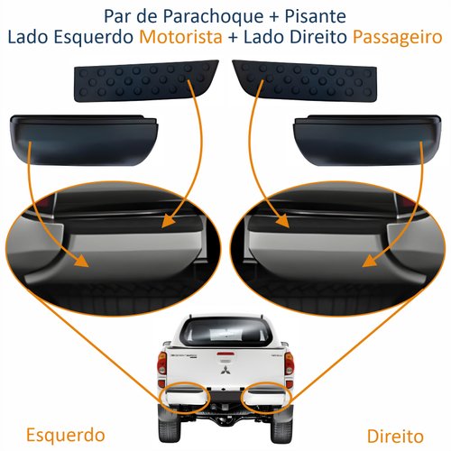 Kit Parachoque + Pisante + Ponteira + Refletor (Par) Traseiro Mitsubishi L-200 Triton 2008 Até 2014 Lado Direito Passageiro e Lado Esquerdo Motorista