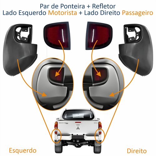 Kit Parachoque + Pisante + Ponteira + Refletor (Par) Traseiro Mitsubishi L-200 Triton 2008 Até 2014 Lado Direito Passageiro e Lado Esquerdo Motorista