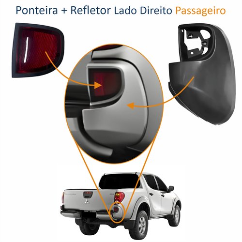 Kit Ponteira + Refletor do Parachoque Traseiro Mitsubishi L-200 Triton 2008 Até 2014 Lado Direito Passageiro