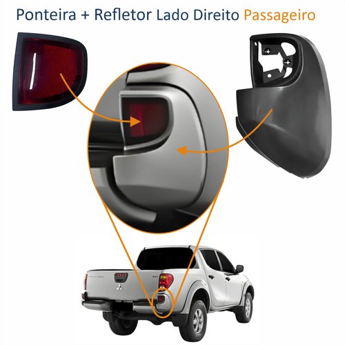 Kit Ponteira + Refletor do Parachoque Traseiro Mitsubishi L-200 Triton 2008 Até 2014 Lado Direito Passageiro e Lado Esquerdo Motorista