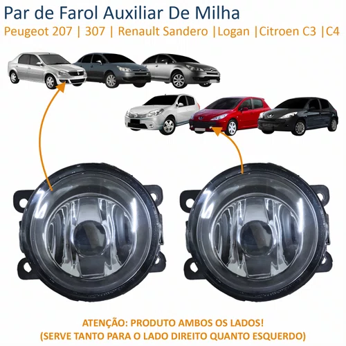 Par de Farol Auxiliar De Milha Peugeot 207 307 Renault Sandero Logan Citroen C3 C4 Lente Acrílico