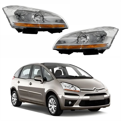 Par de Farol Citroen C4 Gran Picasso 2007 Até 2010 Máscara Cromada Com Pisca Âmbar