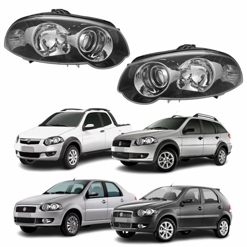 Par de Farol Fiat Palio 2008 Até 2011 Siena 2008 Até 2012 Strada Weekend 2008 Até 2016 Original Arteb Foco Duplo Máscara Negra com Anel Cromado