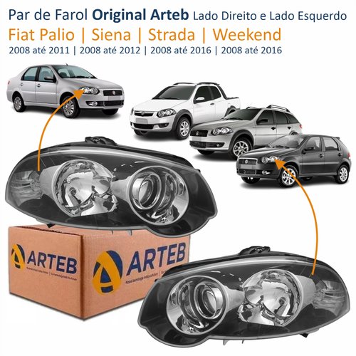 Par de Farol Fiat Palio 2008 Até 2011 Siena 2008 Até 2012 Strada Weekend 2008 Até 2016 Original Arteb Foco Duplo Máscara Negra com Anel Cromado