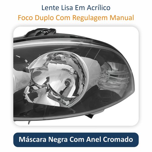 Par de Farol Fiat Palio 2008 Até 2011 Siena 2008 Até 2012 Strada Weekend 2008 Até 2016 Original Arteb Foco Duplo Máscara Negra com Anel Cromado