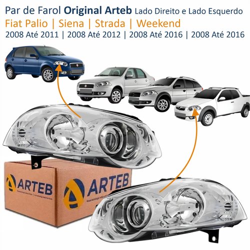Par de Farol Fiat Palio 2008 Até 2011 Siena 2008 Até 2012 Strada Weekend 2008 Até 2016 Original Arteb Máscara Cromada Com Anel Cromado