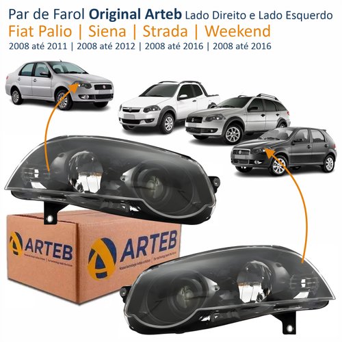Par de Farol Fiat Palio 2008 Até 2011 Siena 2008 Até 2012 Strada Weekend 2008 Até 2016 Original Arteb Foco Duplo Máscara Negra com Anel Preto