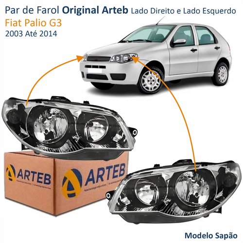 Par de Farol Fiat Palio G3 2003 Até 2014 Original Arteb Máscara Cromada Com Aro Negro Foco Duplo