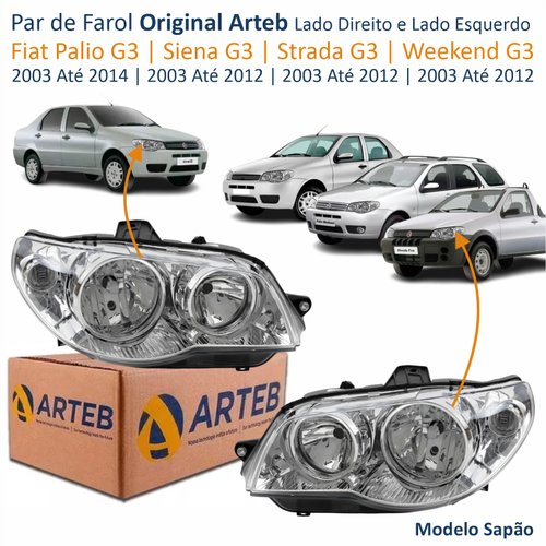 Par de Farol Fiat Palio G3 2003 Até 2014 Siena Strada Weekend G3 2003 Até 2012 Original Arteb Máscara Cromada Com Aro Cromado Foco Duplo
