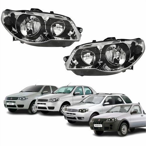 Par de Farol Fiat Palio G3 2003 Até 2014 Siena Strada Weekend G3 2003 Até 2012 Original Arteb Máscara Cromada Com Aro Negro Foco Duplo