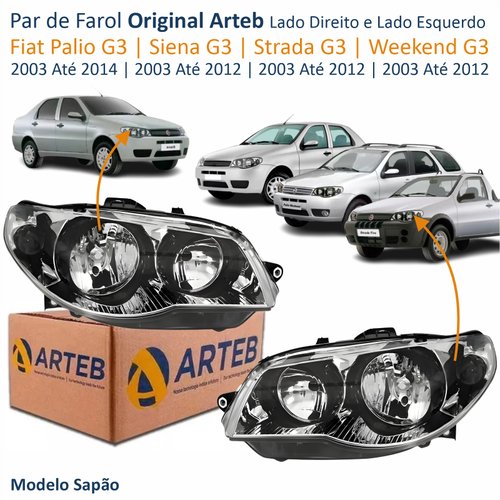 Par de Farol Fiat Palio G3 2003 Até 2014 Siena Strada Weekend G3 2003 Até 2012 Original Arteb Máscara Cromada Com Aro Negro Foco Duplo