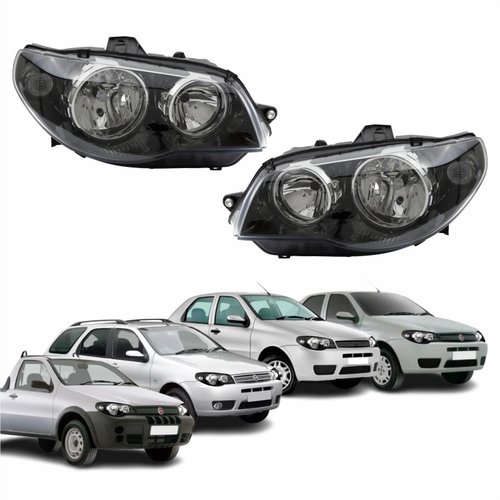 Par de Farol Fiat Palio G3 2003 Até 2014 Siena Strada Weekend G3 2003 Até 2012 Original Arteb Máscara Negra Com Aro Cromado Foco Duplo