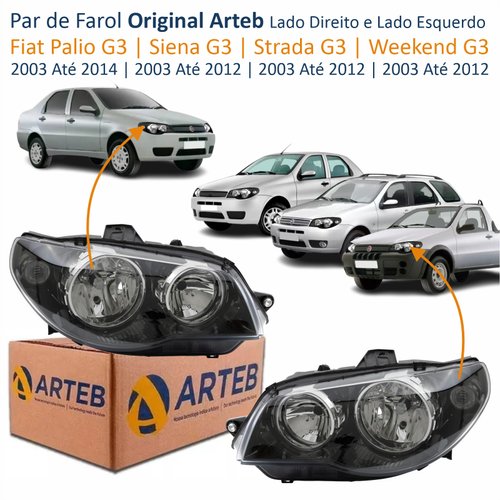 Par de Farol Fiat Palio G3 2003 Até 2014 Siena Strada Weekend G3 2003 Até 2012 Original Arteb Máscara Negra Com Aro Cromado Foco Duplo