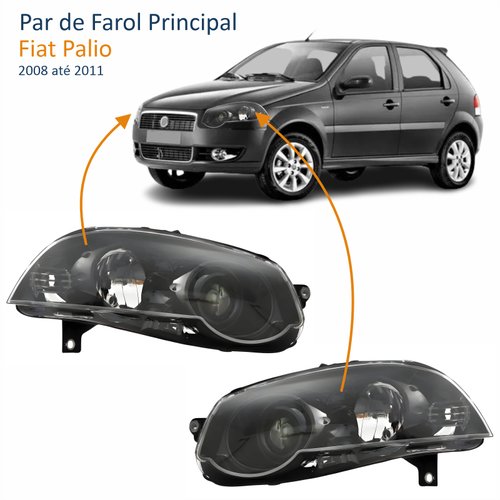 Par de Farol Fiat Palio G4 2008 Até 2011 Foco Duplo Máscara Negra com Anel Preto