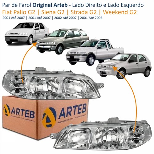 Par de Farol Fiat Palio Siena G2 2001 Até 2007 Strada G2 2002 Até 2007 Weekend G2 2001 Até 2006 Original Arteb Foco Duplo Carcaça Cinza