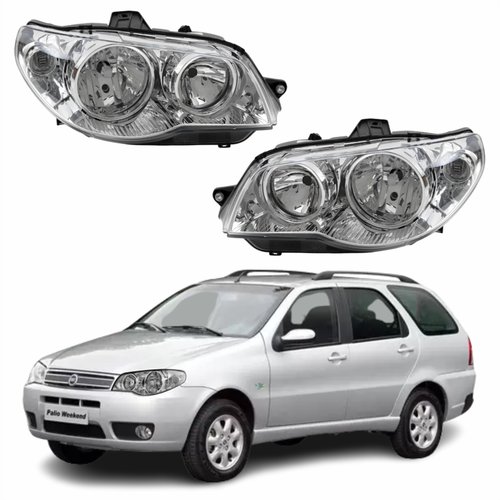 Par de Farol Fiat Palio Weekend G3 2003 Até 2012 Original Arteb Máscara Cromada Com Aro Cromado Foco Duplo