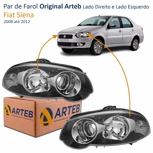 Par de Farol Fiat Siena 2008 Até 2012 Original Arteb Foco Duplo Máscara Negra com Anel Cromado