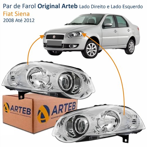 Par de Farol Fiat Siena 2008 Até 2012 Original Arteb Máscara Cromada Com Anel Cromado