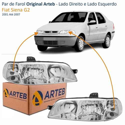 Par de Farol Fiat Siena G2 2001 Até 2007 Original Arteb Foco Duplo Carcaça Preta