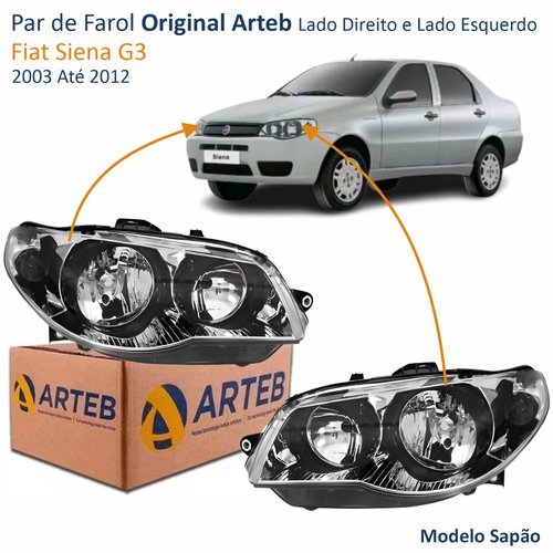 Par de Farol Fiat Siena G3 2003 Até 2012 Original Arteb Máscara Cromada Com Aro Negro Foco Duplo