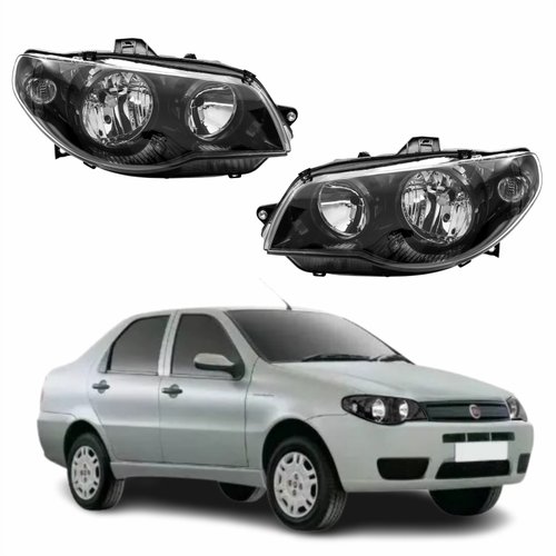 Par de Farol Fiat Siena G3 2003 Até 2012 Original Arteb Máscara Negra Canhão Preto Foco Duplo