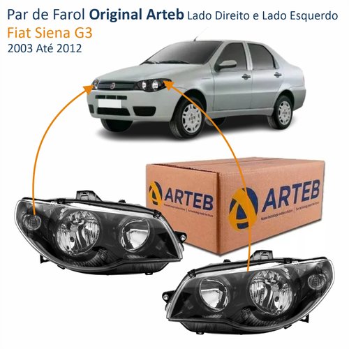 Par de Farol Fiat Siena G3 2003 Até 2012 Original Arteb Máscara Negra Canhão Preto Foco Duplo