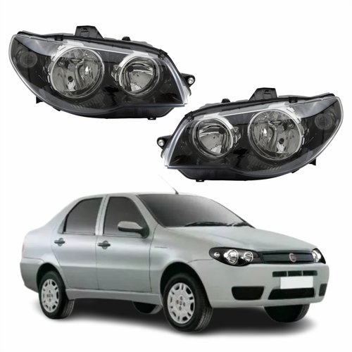 Par de Farol Fiat Siena G3 2003 Até 2012 Original Arteb Máscara Negra Com Aro Cromado Foco Duplo