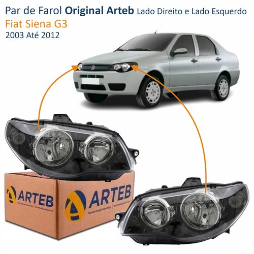 Par de Farol Fiat Siena G3 2003 Até 2012 Original Arteb Máscara Negra Com Aro Cromado Foco Duplo