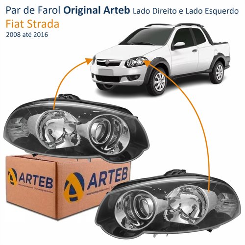 Par de Farol Fiat Strada 2008 Até 2016 Original Arteb Foco Duplo Máscara Negra com Anel Cromado