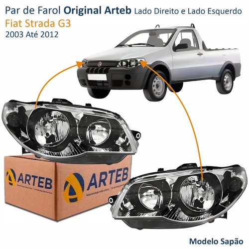Par de Farol Fiat Strada G3 2003 Até 2012 Original Arteb Máscara Cromada Com Aro Negro Foco Duplo