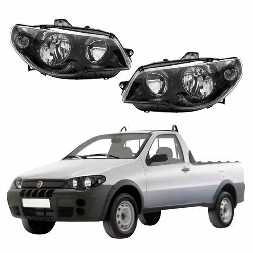 Par de Farol Fiat Strada G3 2003 Até 2012 Original Arteb Máscara Negra Canhão Preto Foco Duplo