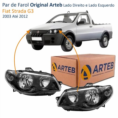 Par de Farol Fiat Strada G3 2003 Até 2012 Original Arteb Máscara Negra Canhão Preto Foco Duplo