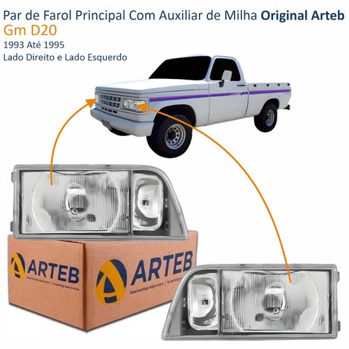 Par de Farol Gm D20 1993 Até 1995 Com Auxiliar de Milha Original Arteb