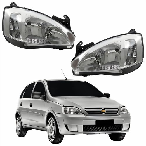Par de Farol Principal Gm Corsa Hatch 2003 Até 2012 Original Arteb Pisca Raiado Máscara Cromada